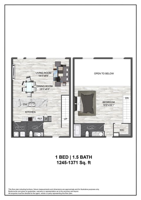 A floor plan of a 1 bedroom, 1.5 bath apartment.